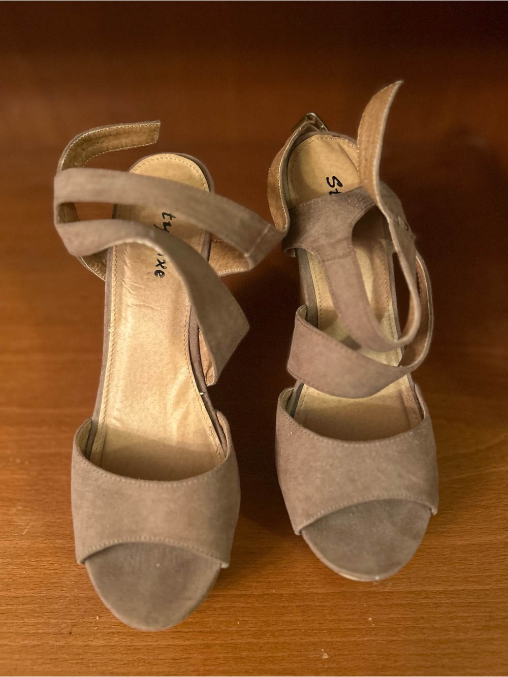 Styluxe Taupe Suede Double-Strap Open-Toe Heels
